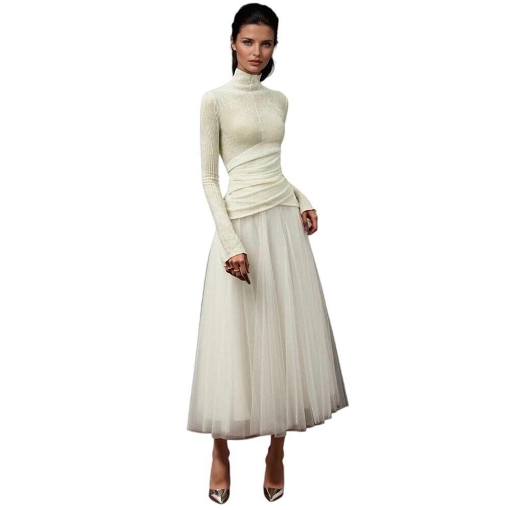 Innovare Denim Daniels High Neck Ruch Maxi Dress tutu bridal bride  size M